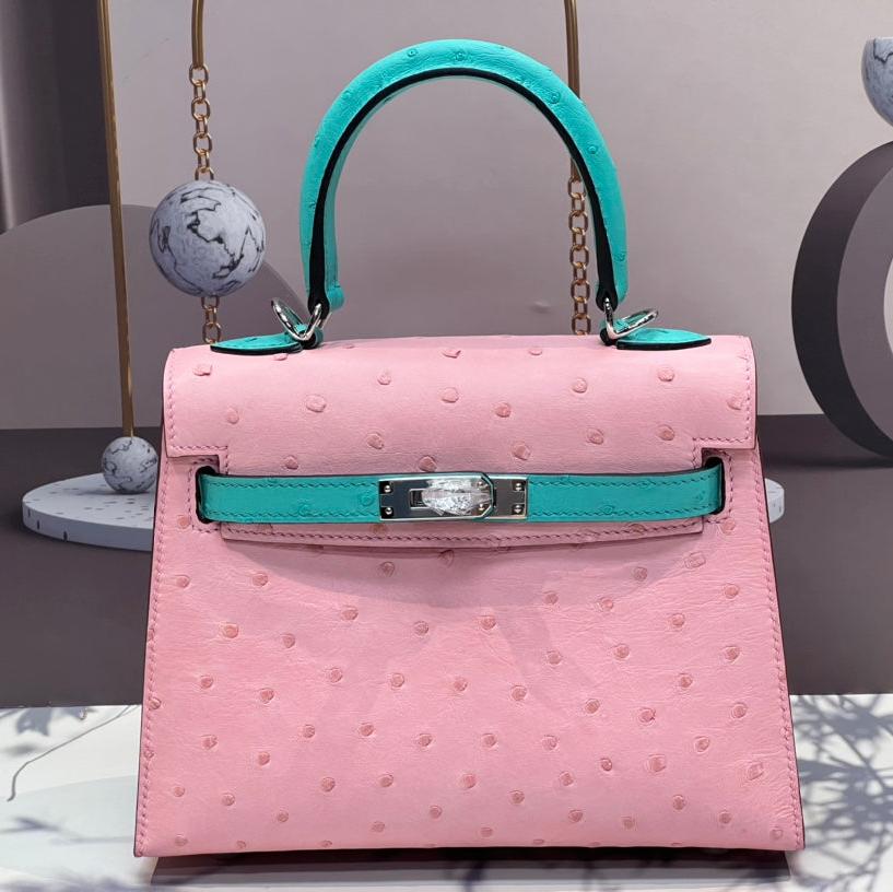 KELLY BAG 20 IN FLAMINGO PINK MIX CYAN BLUE OSTRICH LEATHER WITH SILVER HARDWARE