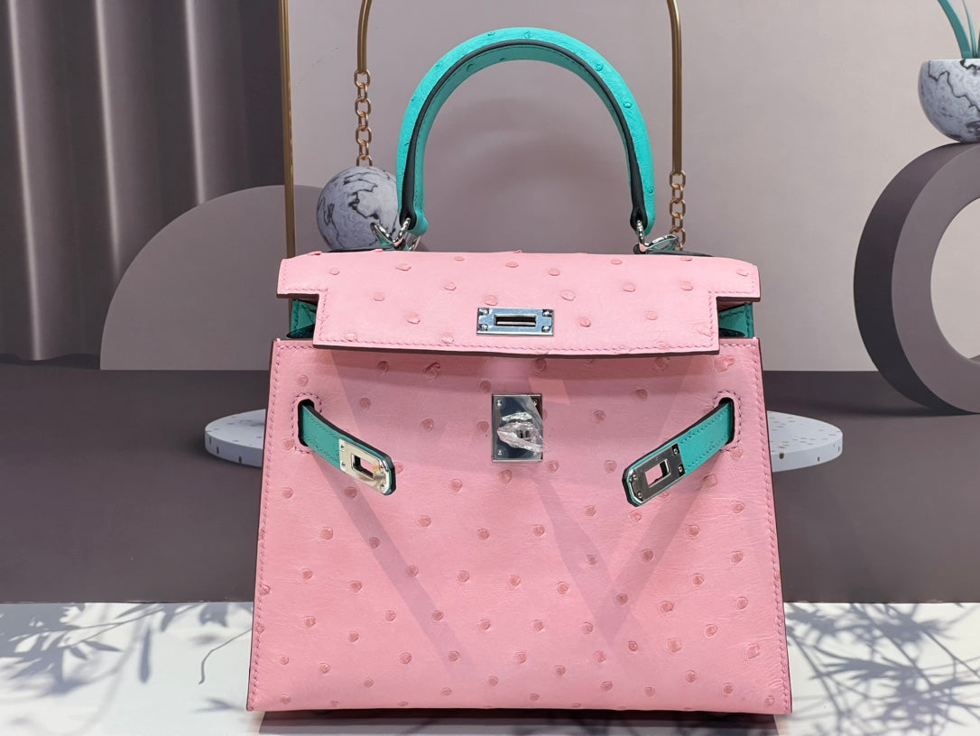 KELLY BAG 20 IN FLAMINGO PINK MIX CYAN BLUE OSTRICH LEATHER WITH SILVER HARDWARE
