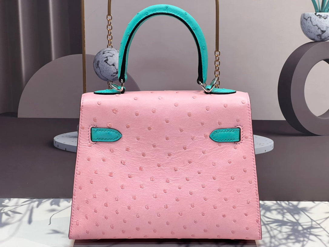KELLY BAG 20 IN FLAMINGO PINK MIX CYAN BLUE OSTRICH LEATHER WITH SILVER HARDWARE