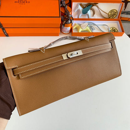 KELLY CUT 31 IN BRONZE BROWN CALFSKIN WITH SILVER HARDWARE