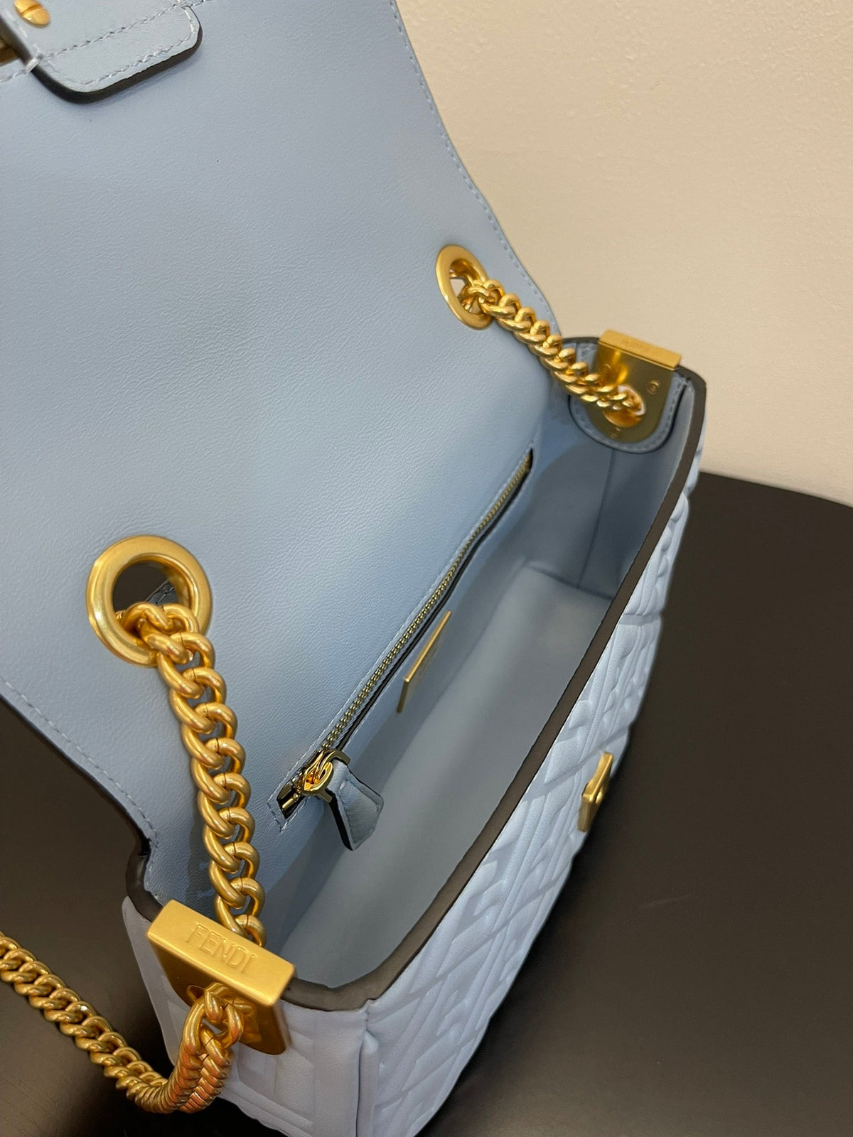 Fend Baguette 24 Bag With FF Motif Baby Blue Leather Ghw