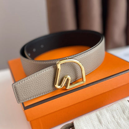 BOUCLE BELT BUCKLE & REVERSIBLE KHAKI BROWN LEATHER STRAP 38MM GOLD HARDWARE