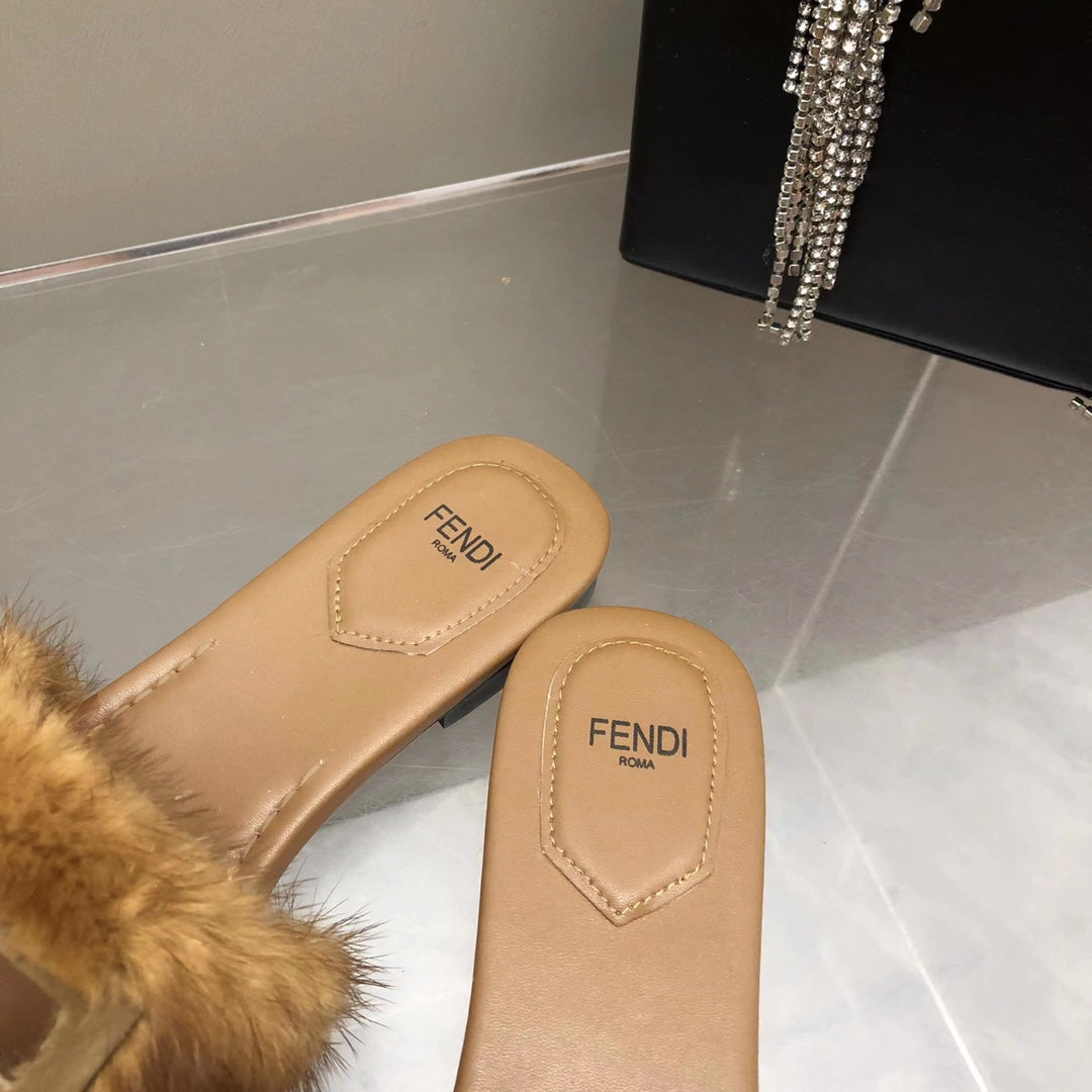 FENDI BAGUETTE MINK SLIDE SLIPPER IN SEPIA BROWN FUR