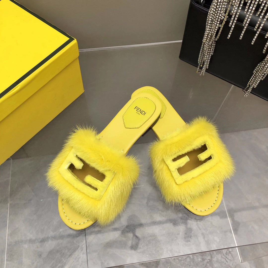 FENDI BAGUETTE MINK SLIDE SLIPPER IN BRIGHT YELLOW FUR