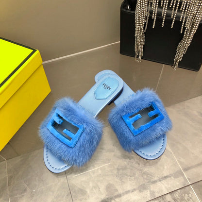 FENDI BAGUETTE MINK SLIDE SLIPPER IN ELECTRIC BLUE FUR