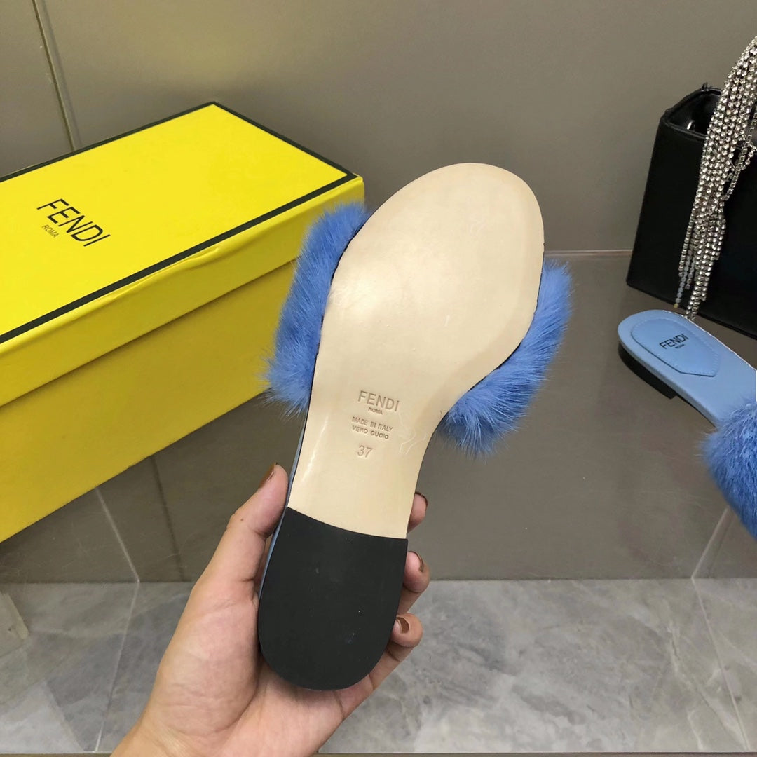FENDI BAGUETTE MINK SLIDE SLIPPER IN ELECTRIC BLUE FUR