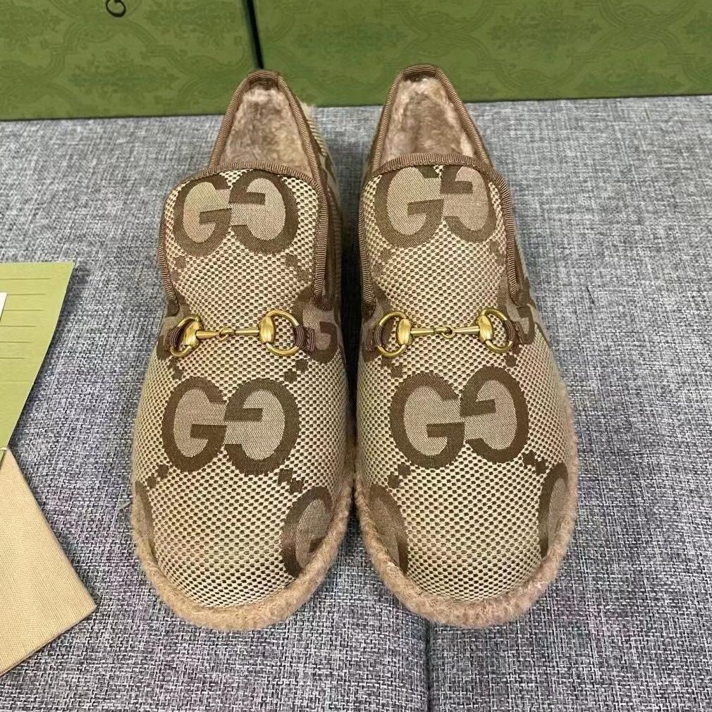 GG HORSEBIT LOAFER IN ECRU BEIGE WOVEN FABRIC AND WOOL MIX LAMB FUR LINING
