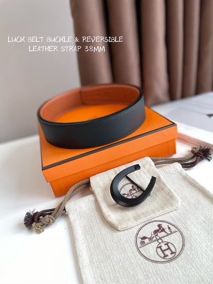 HM LUCK BELT BUCKLE & REVERSIBLE GINGER ORANGE AND BLACK LEATHER STRAP 38MM