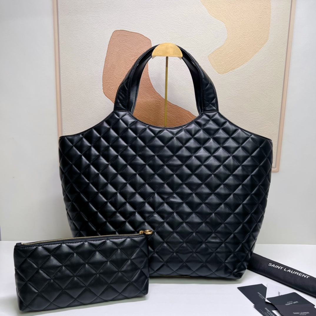 ICARE 58 MAXI SHOPPING BAG IN BLACK LAMBSKIN GOLD-TONE METALLIC