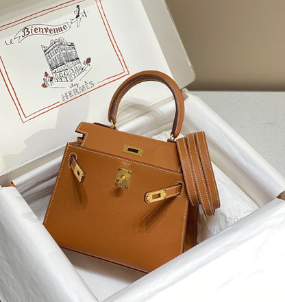 KELLY MINI 20 BAG IN BRONZE BROWN CALFSKIN WITH GOLD HARDWARE