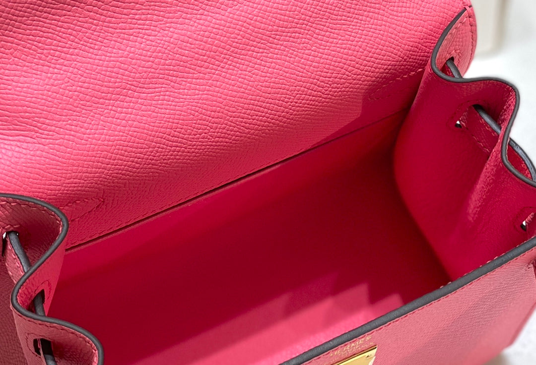 KELLY MINI 20 BAG IN WATERMELON PINK CALFSKIN WITH GOLD HARDWARE