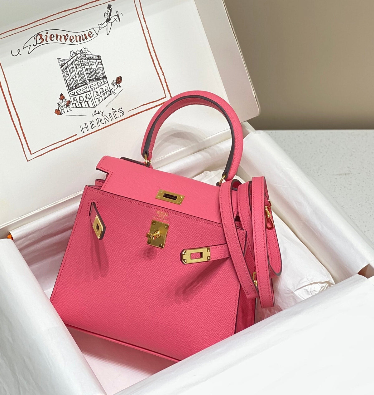 KELLY MINI 20 BAG IN WATERMELON PINK CALFSKIN WITH GOLD HARDWARE