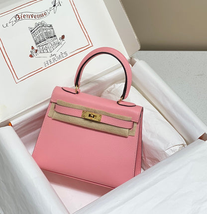 KELLY MINI 20 BAG IN ROUGE PINK CALFSKIN WITH GOLD HARDWARE