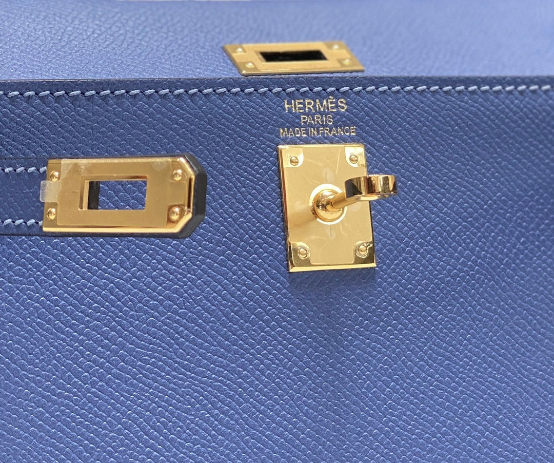 KELLY MINI 20 BAG IN AZURE BLUE CALFSKIN WITH GOLD HARDWARE