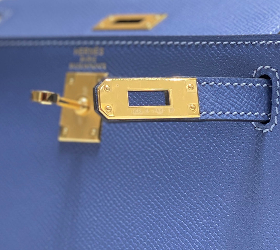 KELLY MINI 20 BAG IN AZURE BLUE CALFSKIN WITH GOLD HARDWARE