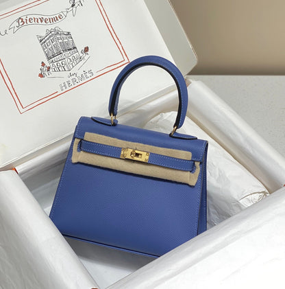 KELLY MINI 20 BAG IN AZURE BLUE CALFSKIN WITH GOLD HARDWARE
