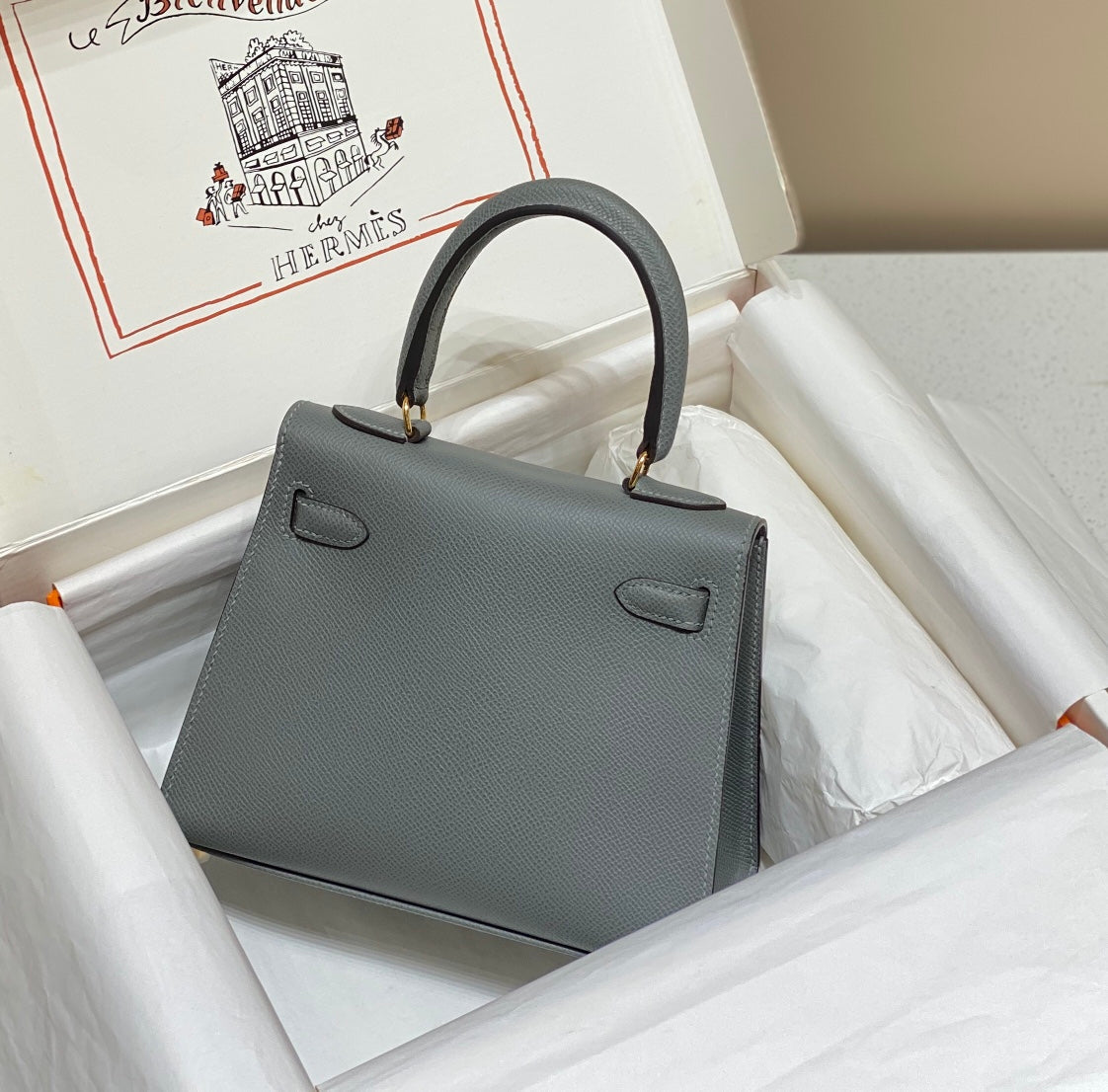 KELLY MINI 20 BAG IN SHARK GRAY CALFSKIN WITH GOLD HARDWARE