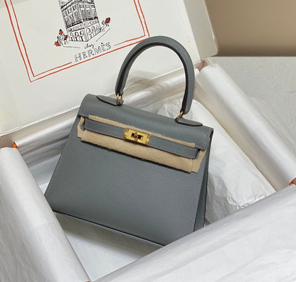 KELLY MINI 20 BAG IN SHARK GRAY CALFSKIN WITH GOLD HARDWARE