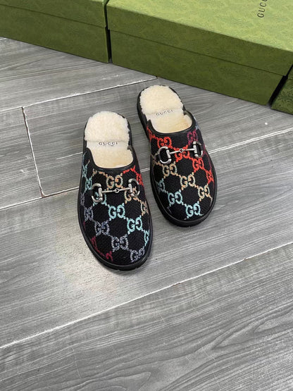 GG SUPREME MULE IN COLORFUL CANVAS AND WOOL LINING