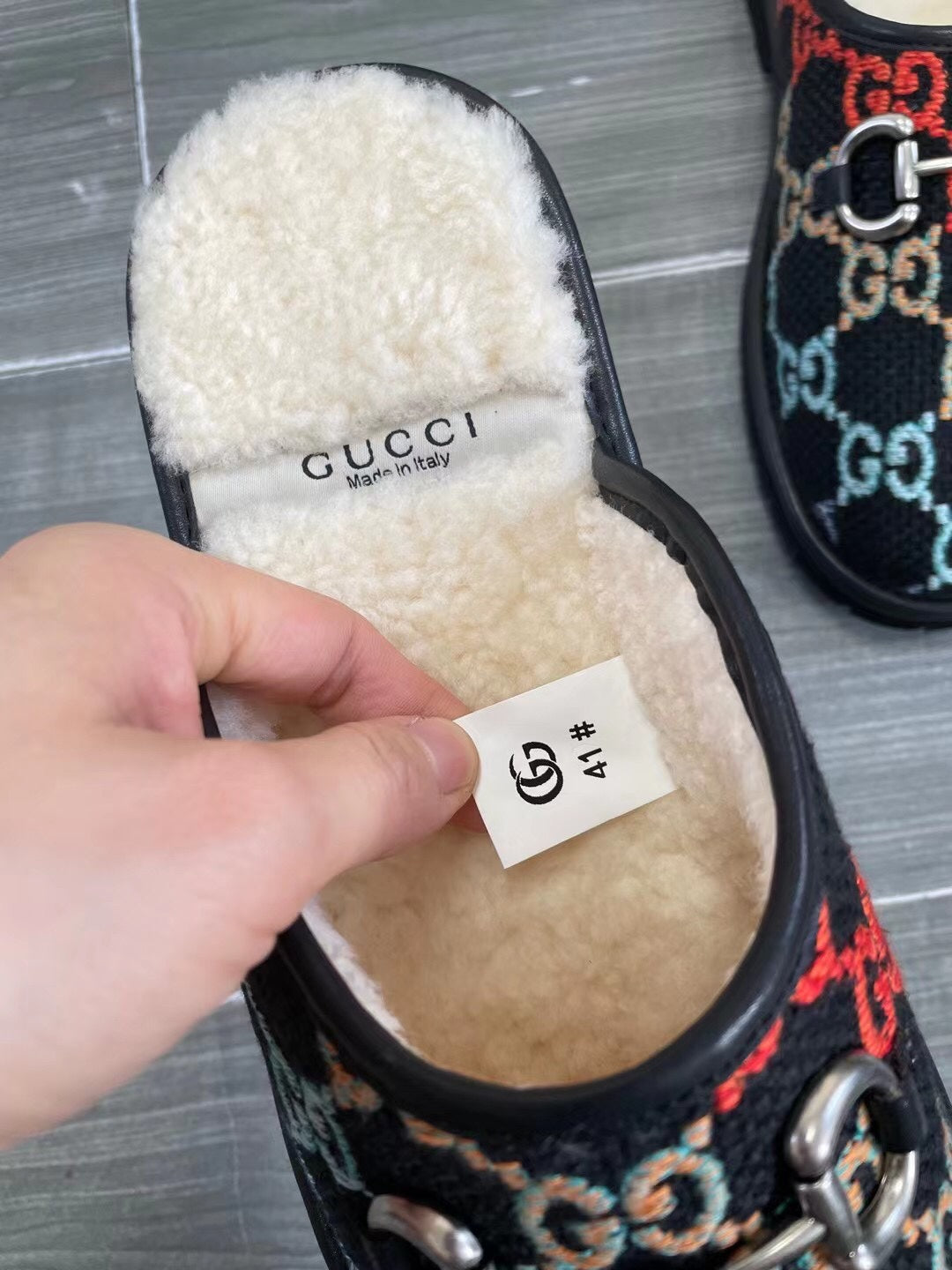 GG SUPREME MULE IN COLORFUL CANVAS AND WOOL LINING