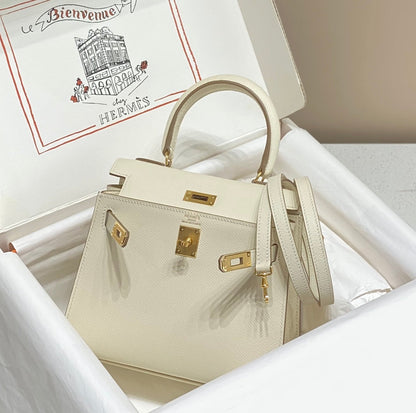 KELLY MINI 20 BAG IN WHITE CALFSKIN WITH GOLD HARDWARE