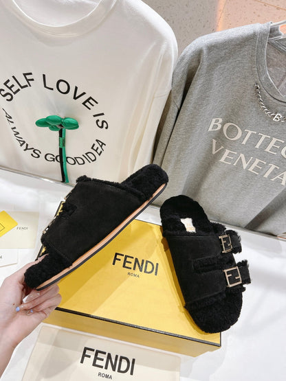 FENDI DAD SANDAL MULE IN BLACK SUEDE WITH FLEECE WITH GOLD HARDWARE