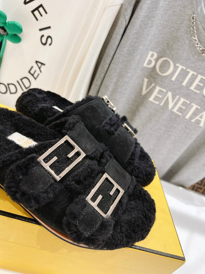 FENDI DAD SANDAL MULE IN BLACK SUEDE WITH FLEECE WITH GOLD HARDWARE
