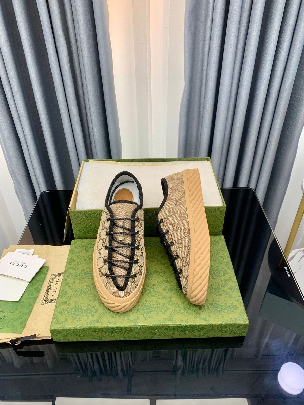 GG UNIQUE SNEAKER THICK-SOLE LIGHT BROWN CANVAS