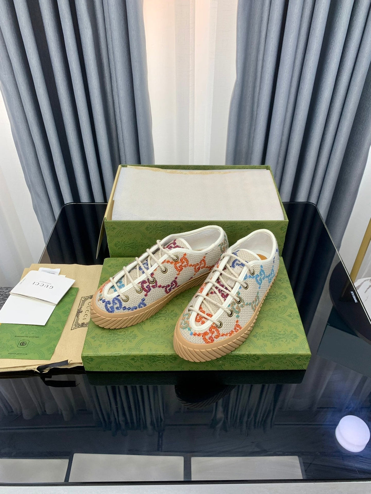 GG UNIQUE SNEAKER THICK-SOLE BEIGE CANVAS WITH PATTERN