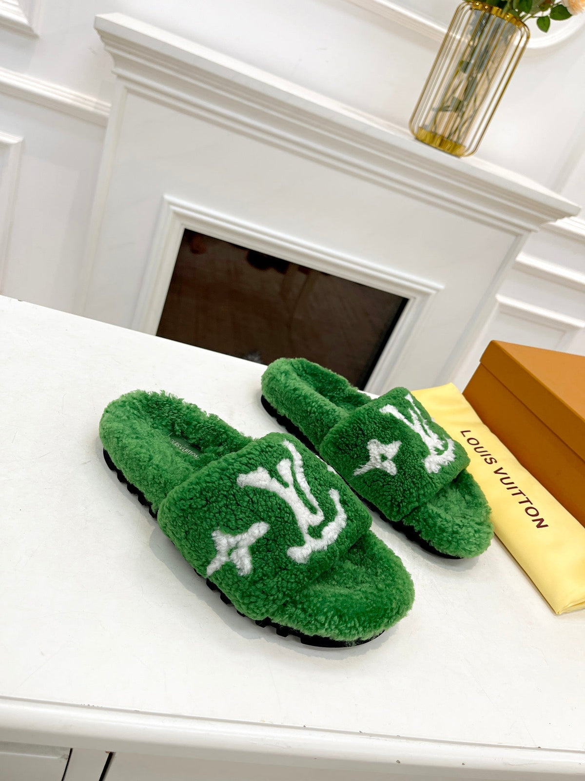 LV FLAT SLIPPER IN EMERALD GREEN MIX WHITE SHEARLING