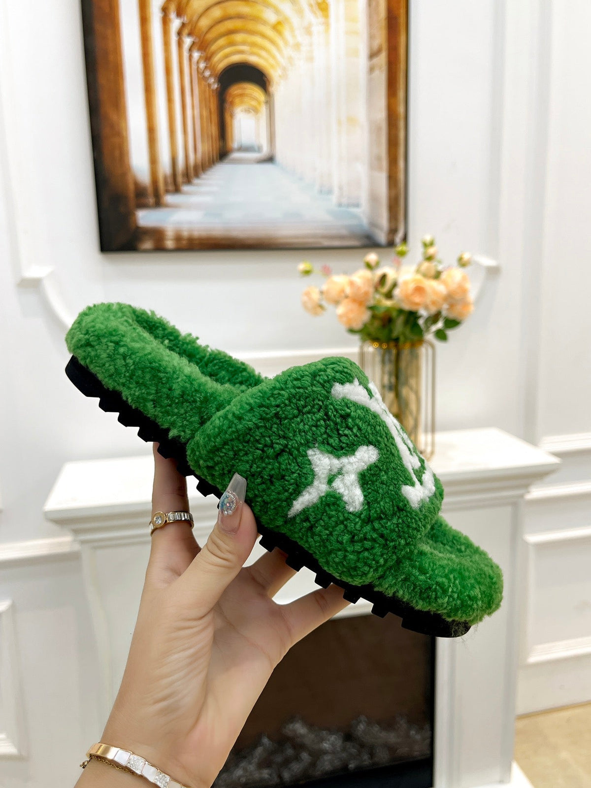 LV FLAT SLIPPER IN EMERALD GREEN MIX WHITE SHEARLING