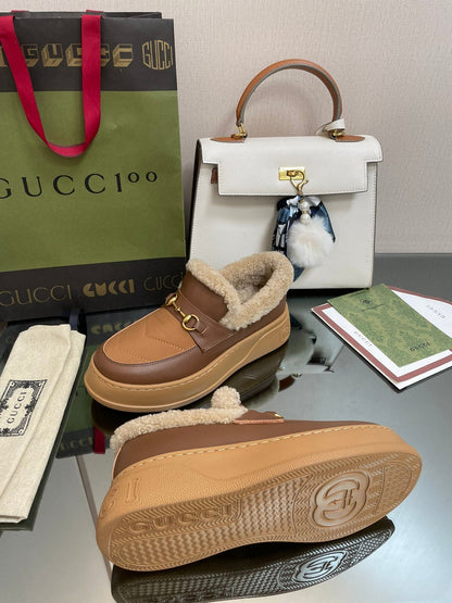 GG LOAFER IN PEANUT BROWN AND CHOCOLATE BROWN CALFSKIN WITH BEIGE WOOL LINING