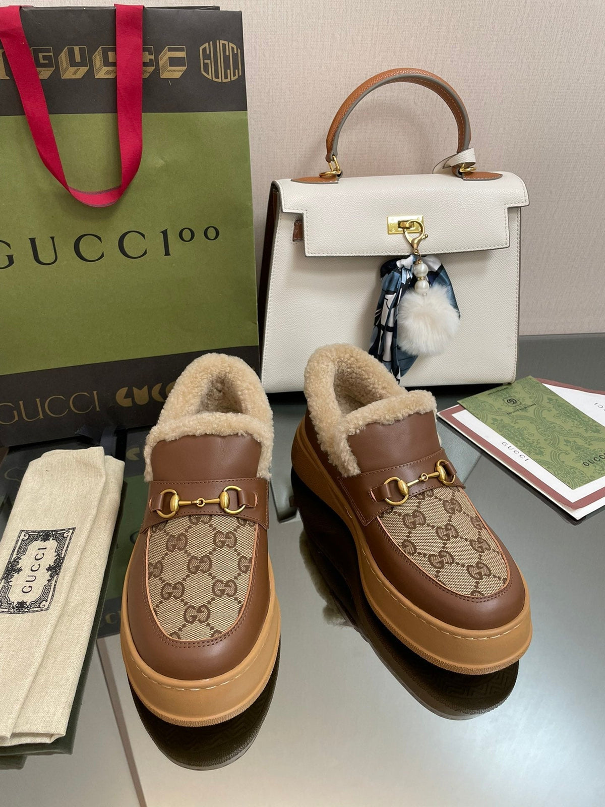GG LOAFER IN PEANUT BROWN JACQUARD AND CHOCOLATE BROWN CALFSKIN WITH BEIGE WOOL LINING