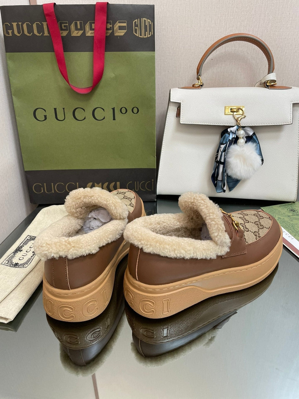 GG LOAFER IN PEANUT BROWN JACQUARD AND CHOCOLATE BROWN CALFSKIN WITH BEIGE WOOL LINING