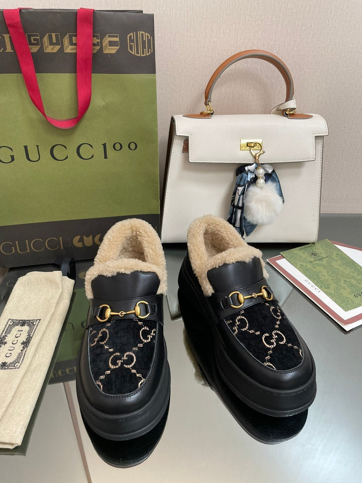 GG LOAFER IN BLACK JACQUARD AND CALFSKIN WITH BEIGE WOOL LINING