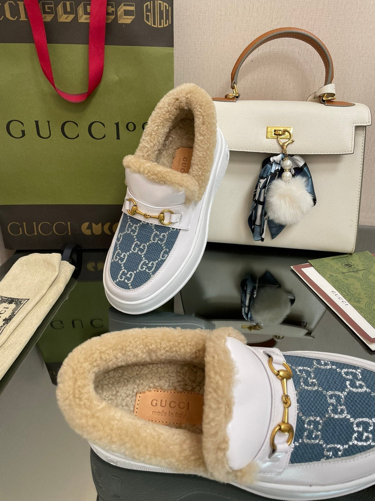 GG LOAFER IN BLUE JACQUARD MIX WHITE CALFSKIN WITH BEIGE WOOL LINING