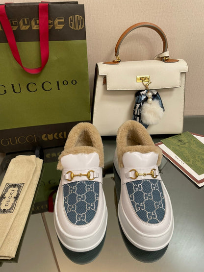 GG LOAFER IN BLUE JACQUARD MIX WHITE CALFSKIN WITH BEIGE WOOL LINING