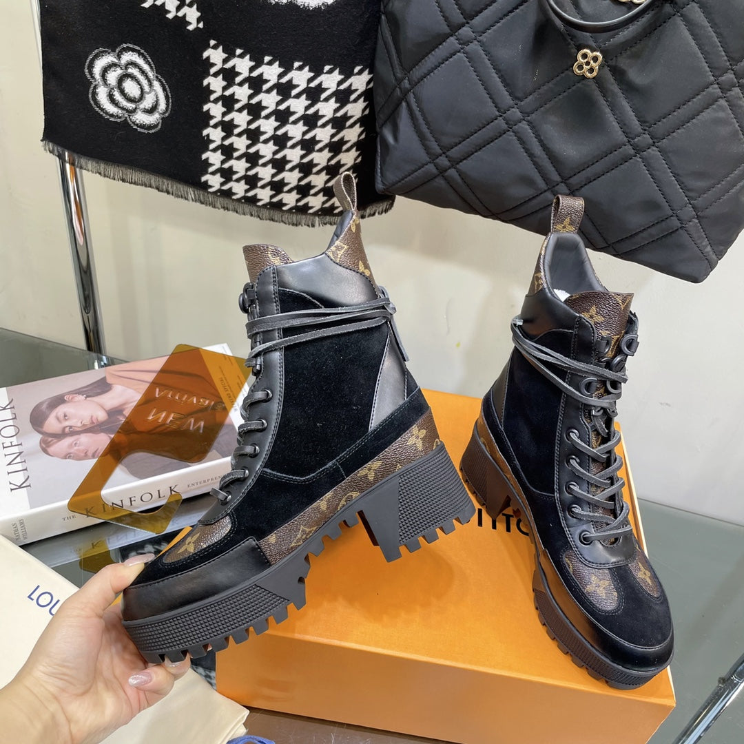 LAUREATE PLATFORM BOOTS IN BLACK SUEDE AND CHOCOLATE BROWN CALFSKIN
