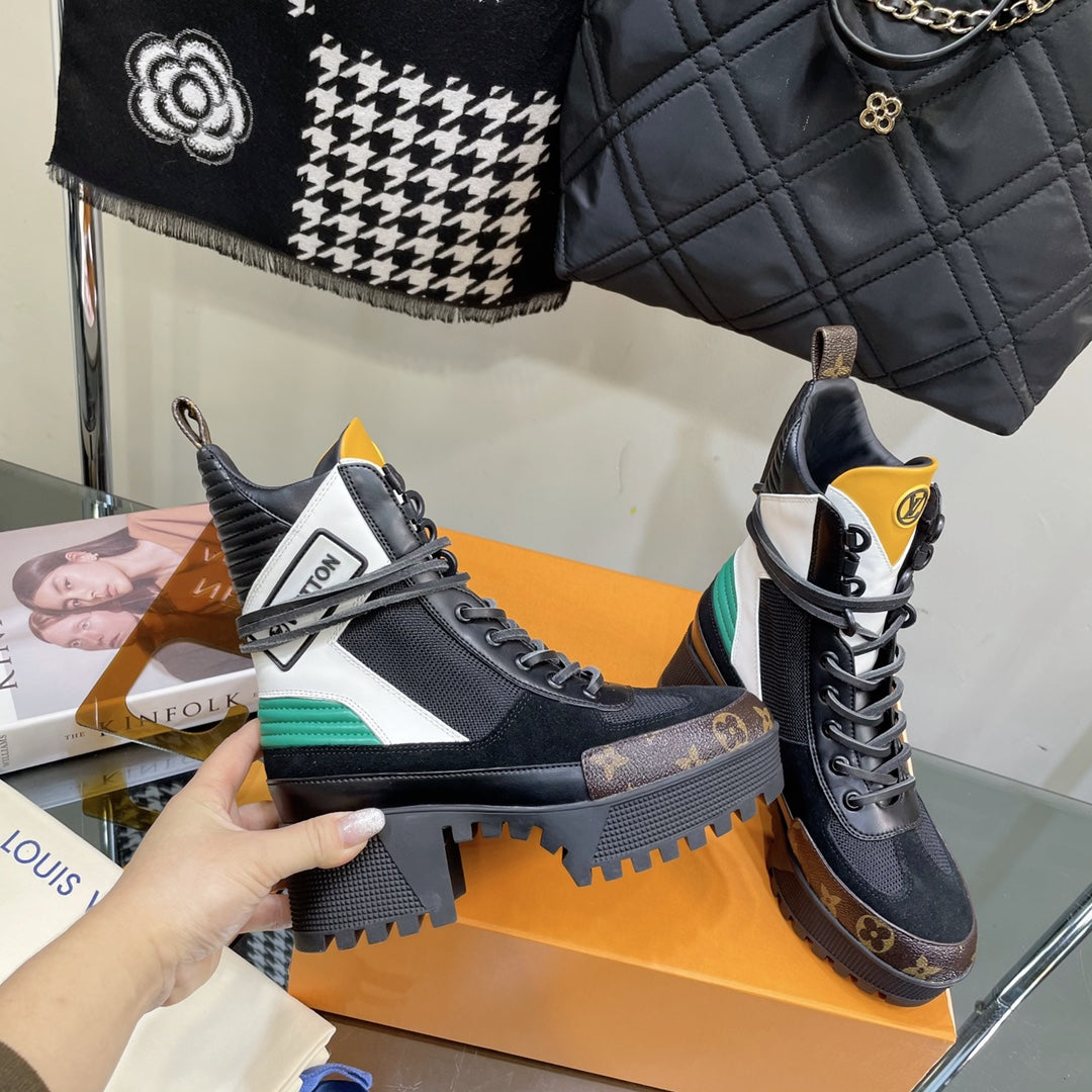 LAUREATE PLATFORM BOOTS IN COLORFUL SUEDE AND MONOGRAM CALFSKIN