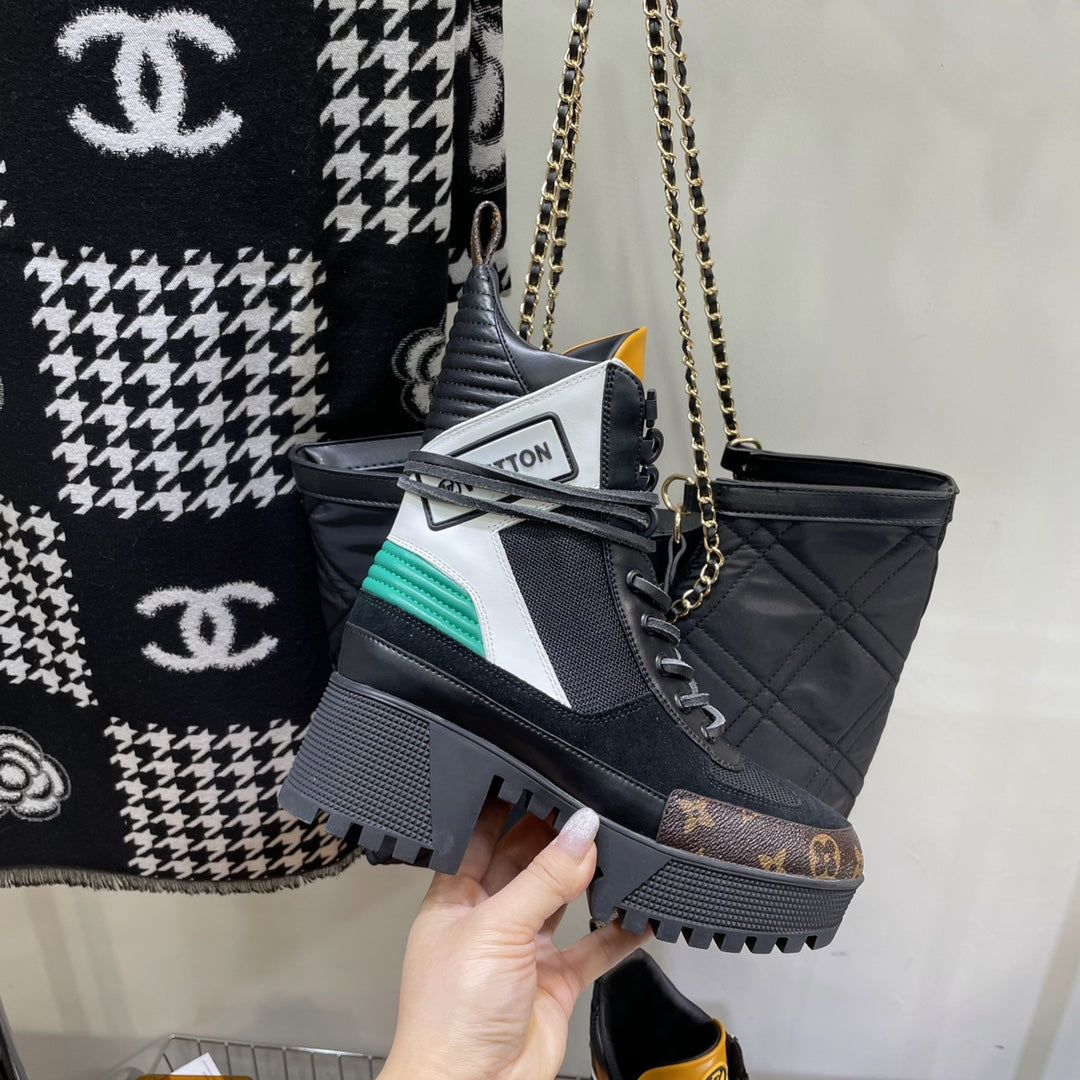 LAUREATE PLATFORM BOOTS IN COLORFUL SUEDE AND MONOGRAM CALFSKIN