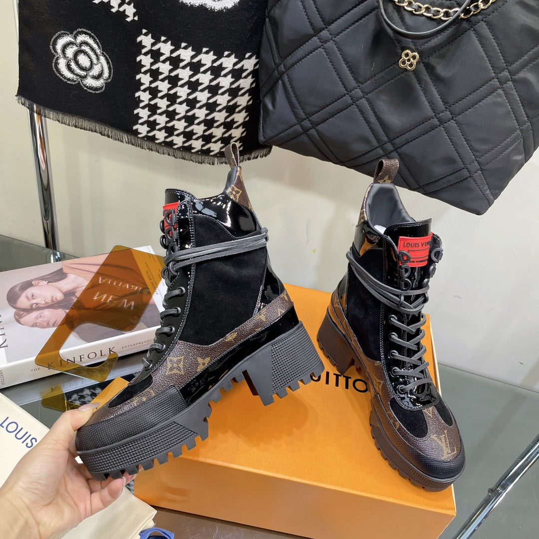 LAUREATE PLATFORM BOOTS IN BLACK SUEDE AND CHOCOLATE BROWN MONOGRAM CALFSKIN