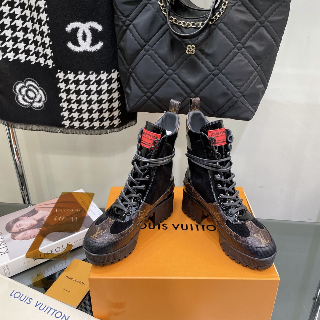 LAUREATE PLATFORM BOOTS IN BLACK SUEDE AND CHOCOLATE BROWN MONOGRAM CALFSKIN