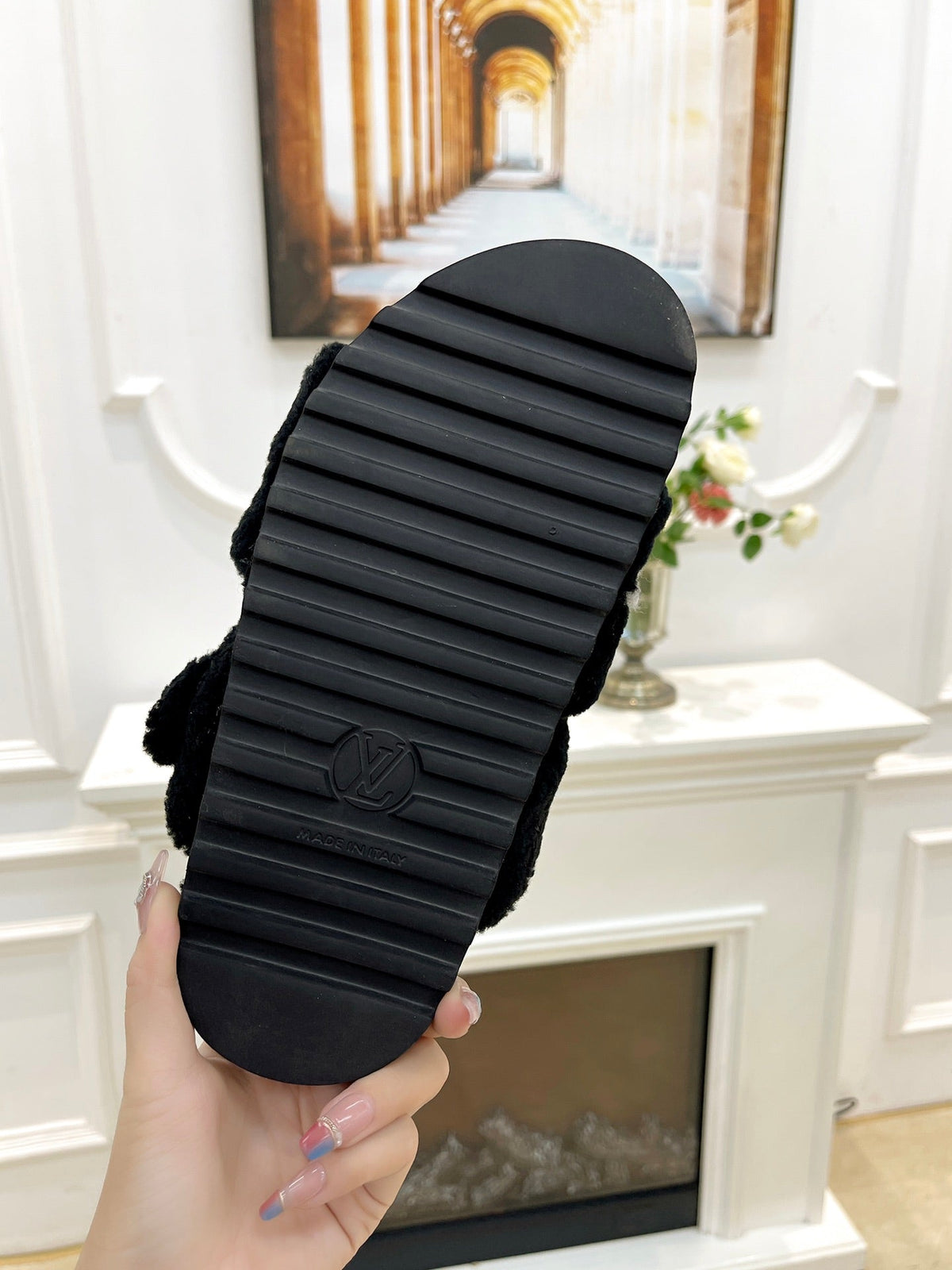 DAD SANDAL MULE IN BLACK MIX WHITE FLEECE