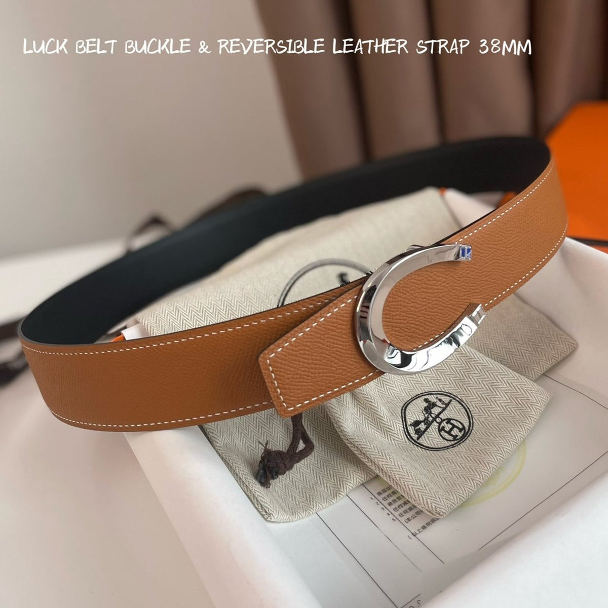 LUCK BELT BUCKLE & REVERSIBLE GINGER ORANGE AND BLACK LEATHER STRAP 38MM SILVER HARDWARE