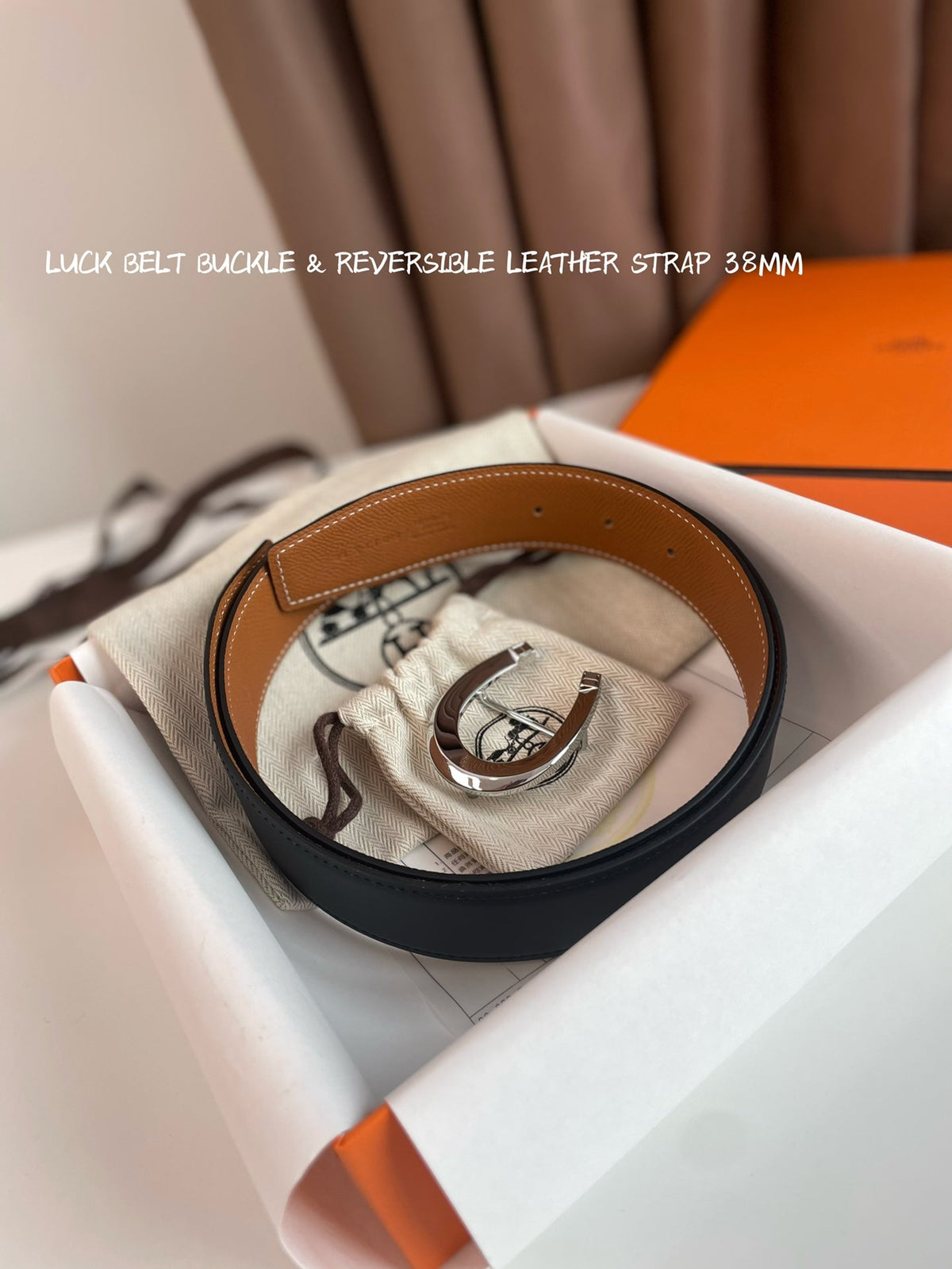 LUCK BELT BUCKLE & REVERSIBLE GINGER ORANGE AND BLACK LEATHER STRAP 38MM SILVER HARDWARE