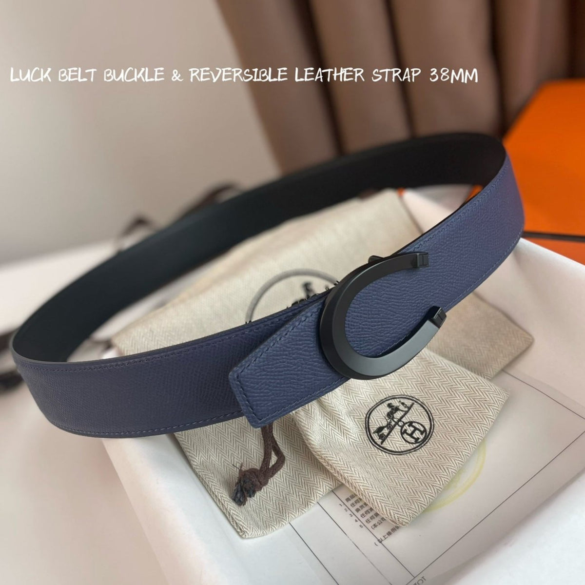 LUCK BELT BUCKLE & REVERSIBLE AEGEAN BLUE AND BLACK LEATHER STRAP 38MM BLACK HARDWARE