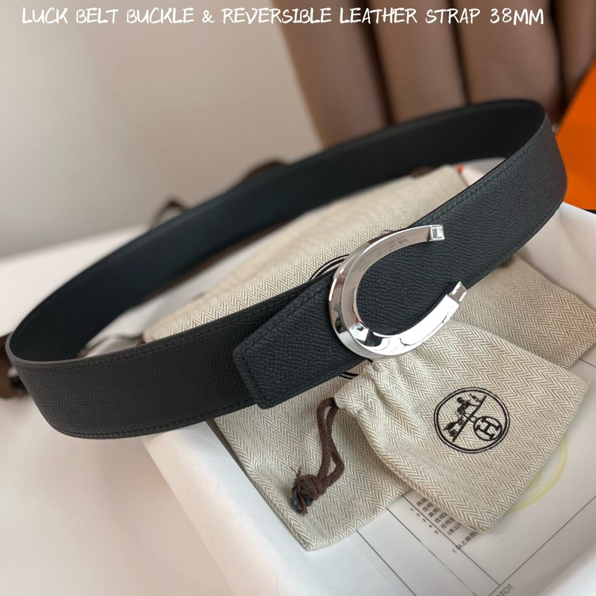 LUCK BELT BUCKLE & REVERSIBLE BLACK LEATHER STRAP 38MM SILVER HARDWARE