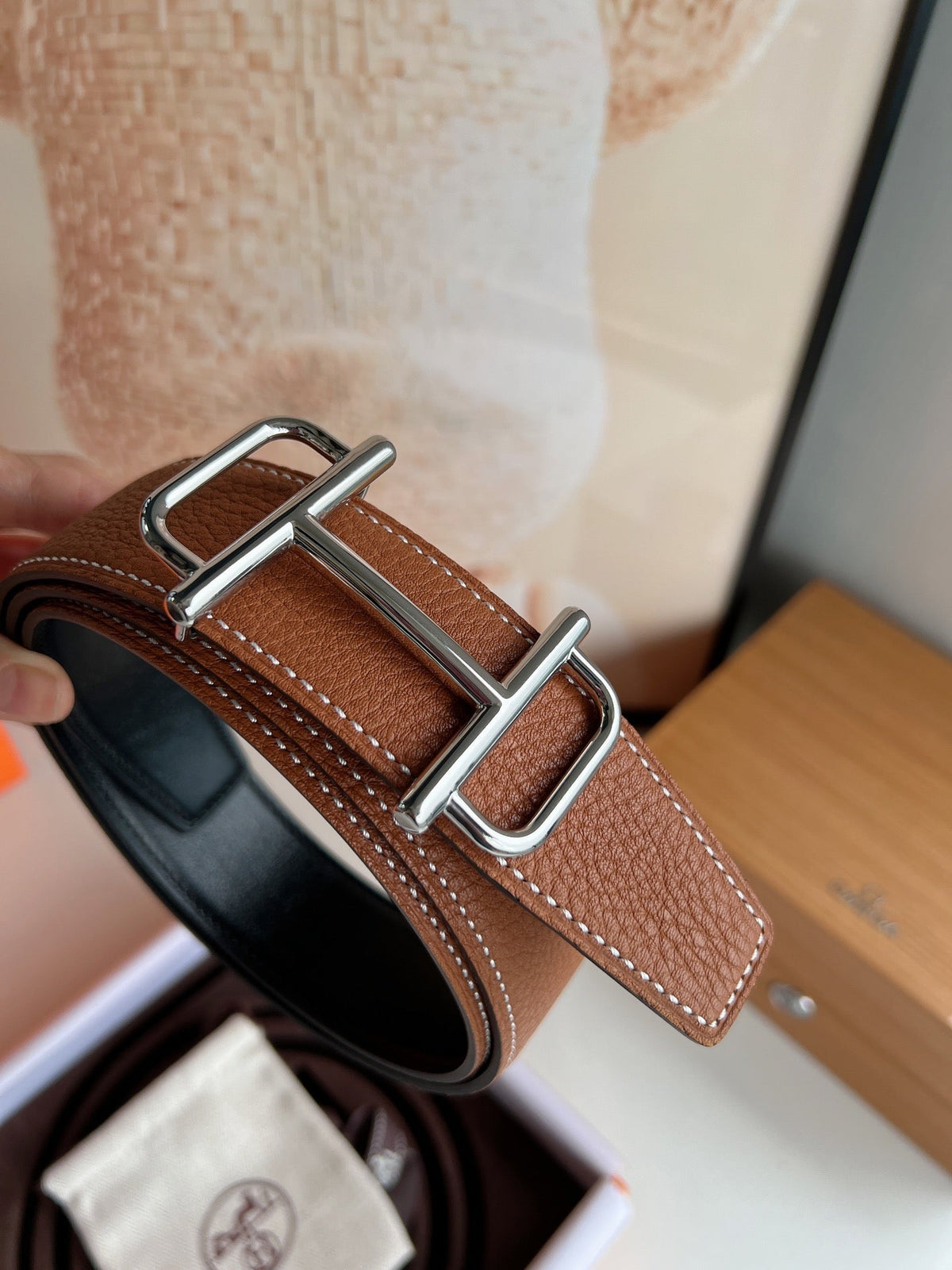 HM ROYAL BELT BUCKLE & REVERSIBLE NOIR AND CIDER ORANGE LEATHER STRAP 32 MM SILVER HARDWARE