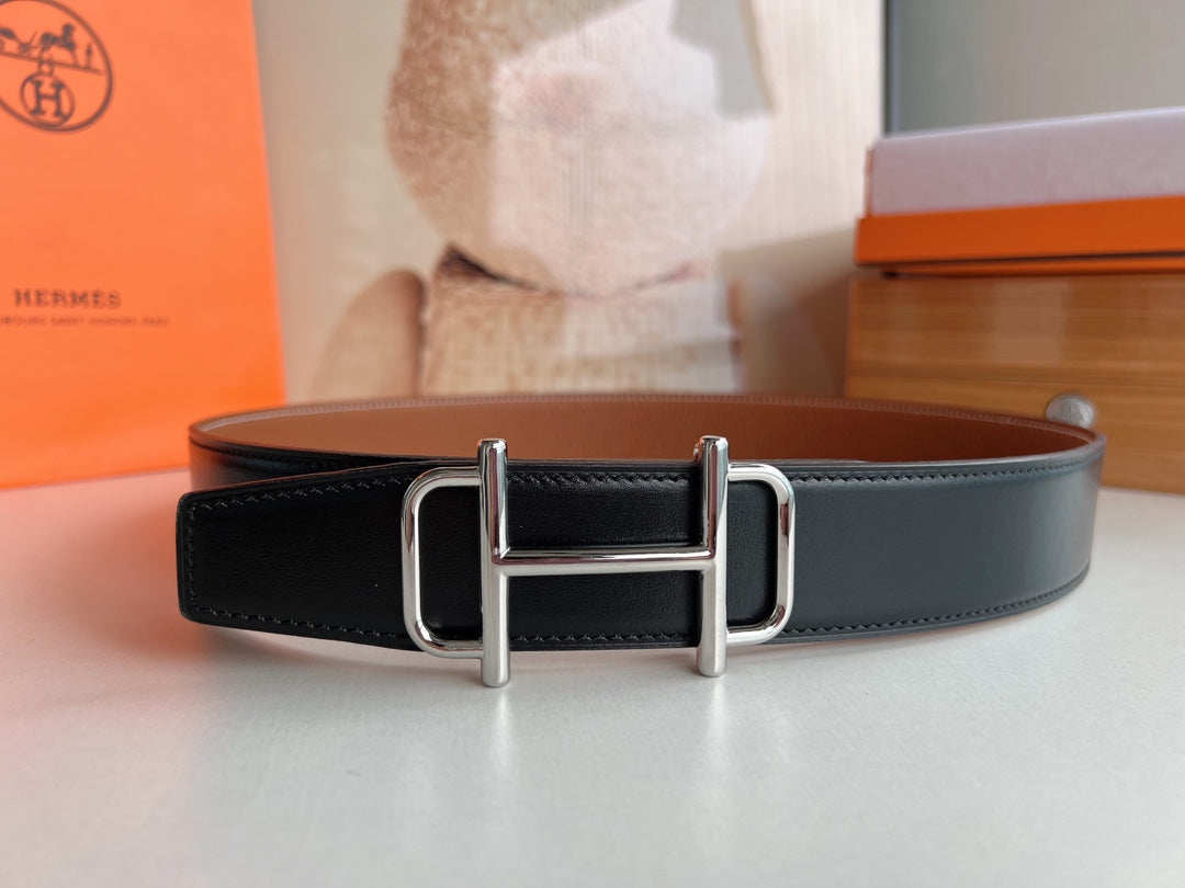 HM ROYAL BELT BUCKLE & REVERSIBLE NOIR AND CIDER ORANGE LEATHER STRAP 32 MM SILVER HARDWARE