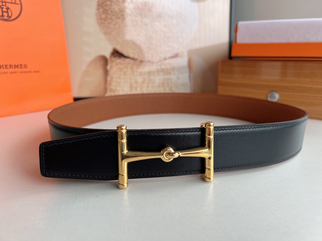 HM JUMBO BELT BUCKLE & REVERSIBLE CIDER ORANGE AND BLACK LEATHER STRAP 38 MM GOLD HARDWARE